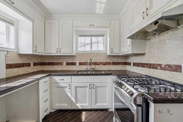 11126 Timber Crest Dr, Houston, TX 77065 - kitchen featuring stainless steel gas stove, a sink, under cabinet range hood, white cabinets, and decorative backsplash