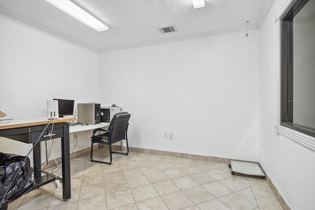 11126 Timber Crest Dr, Houston, TX 77065 - home office with ornamental molding, light tile patterned floors, a textured ceiling, and baseboards