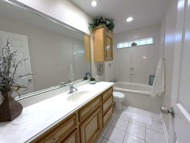 full bathroom featuring vanity, tile patterned flooring, toilet, and washtub / shower combination