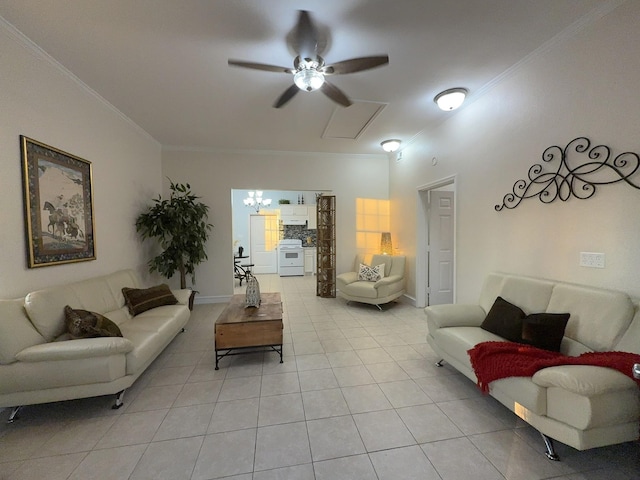 living room with crown molding, ceiling fan, and light tile patterned flooring