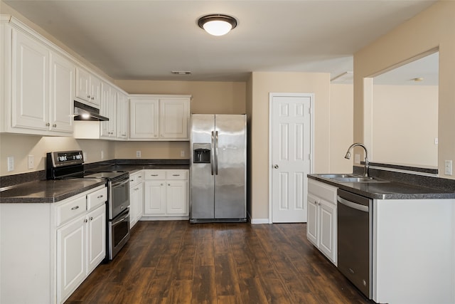 kitchen featuring kitchen peninsula, white cabinetry, dark hardwood / wood-style floors, sink, and stainless steel appliances