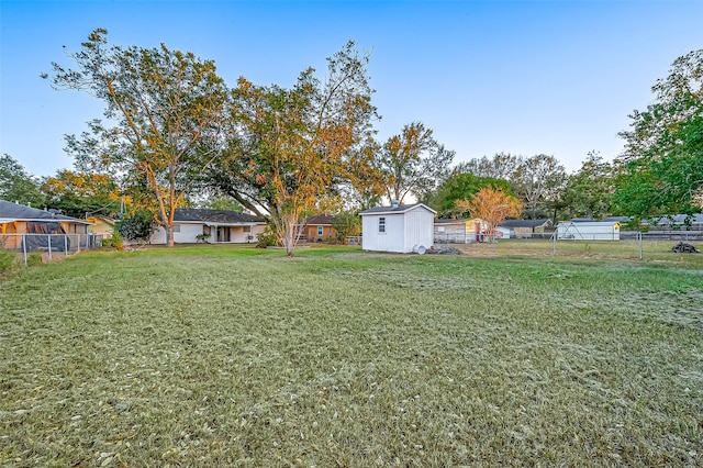 view of yard featuring a storage unit