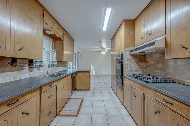 kitchen with black appliances, sink, ceiling fan, decorative backsplash, and light tile patterned floors