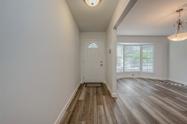 doorway with hardwood / wood-style flooring