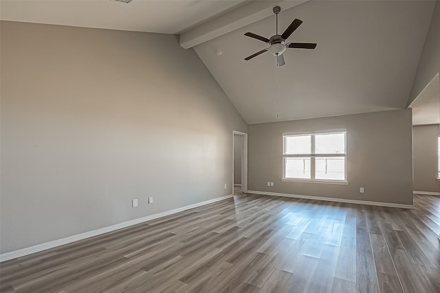 spare room featuring beam ceiling, high vaulted ceiling, wood-type flooring, and ceiling fan