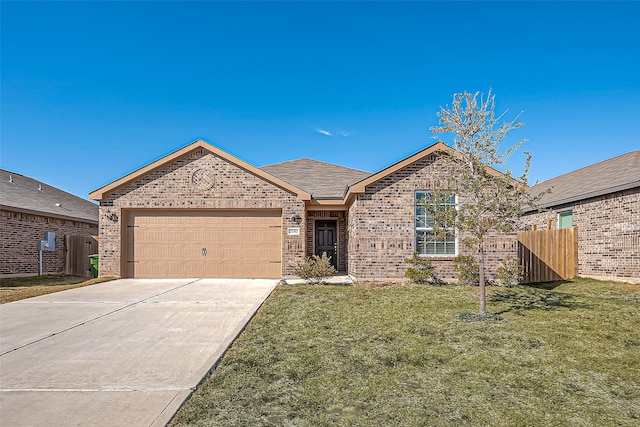 ranch-style house with a front yard and a garage