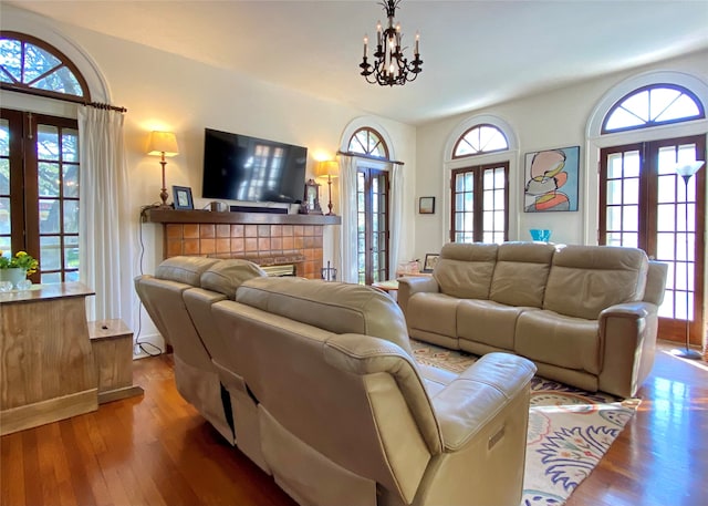 living room with french doors, wood-type flooring, and plenty of natural light