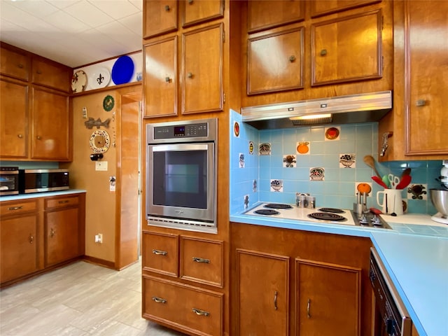 kitchen with range hood, appliances with stainless steel finishes, and decorative backsplash