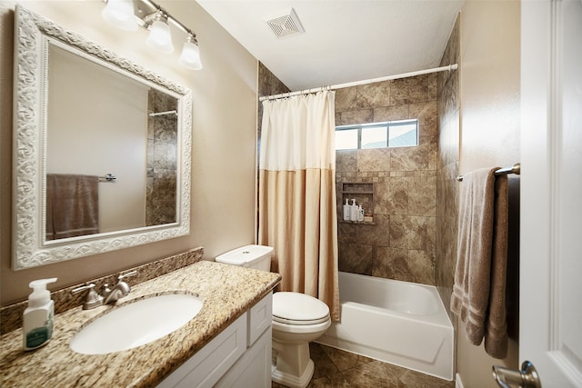 full bathroom with vanity, toilet, tile patterned floors, and shower / bath combination with curtain