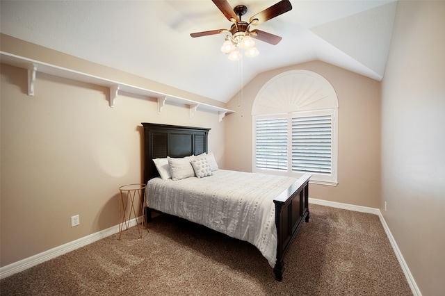 carpeted bedroom with lofted ceiling and ceiling fan