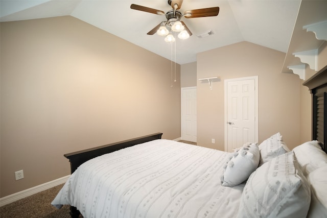 carpeted bedroom featuring ceiling fan and lofted ceiling