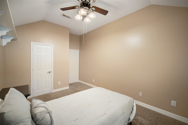 bedroom featuring ceiling fan, carpet, and lofted ceiling