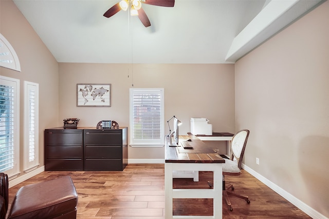 office area featuring light hardwood / wood-style floors and ceiling fan