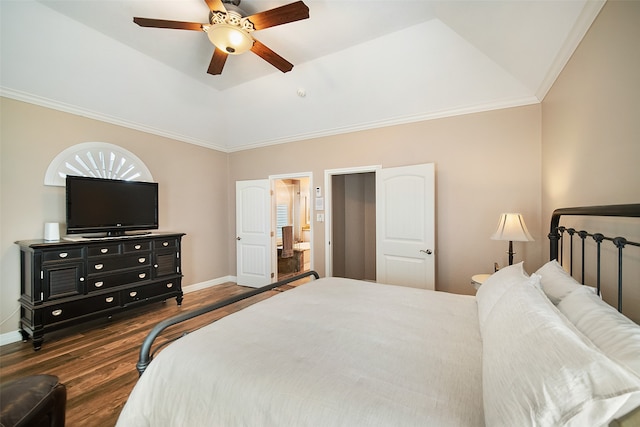 bedroom with dark wood-type flooring, ceiling fan, ornamental molding, and vaulted ceiling