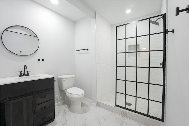 bathroom featuring a shower, vanity, and toilet