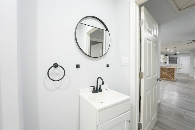 bathroom with hardwood / wood-style floors and vanity