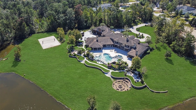 bird's eye view with a water view