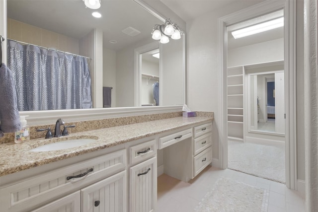27918 Hansons Ct, Spring, TX 77386 - bathroom with vanity, tile patterned flooring, a shower with curtain, and recessed lighting