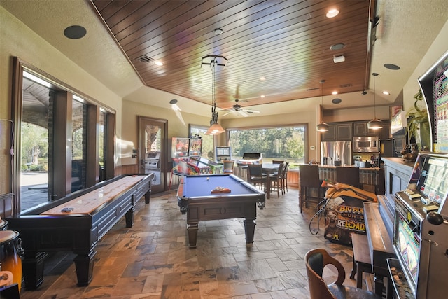 recreation room featuring ceiling fan, pool table, lofted ceiling, and wood ceiling