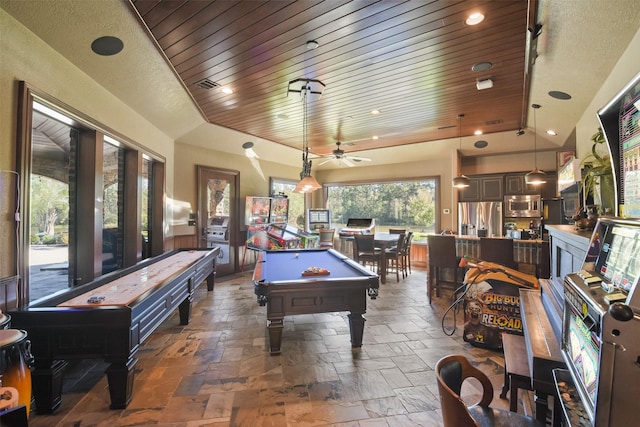 27918 Hansons Ct, Spring, TX 77386 - recreation room with stone tile flooring, billiards, wooden ceiling, ceiling fan, and recessed lighting