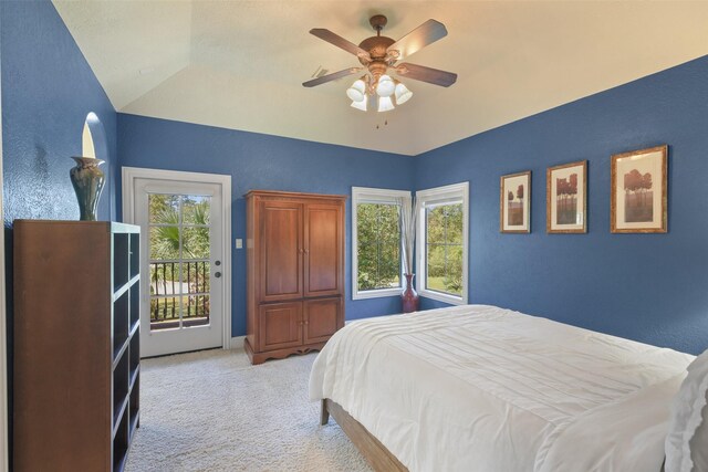 27918 Hansons Ct, Spring, TX 77386 - bedroom featuring access to exterior, light carpet, lofted ceiling, and ceiling fan
