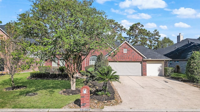 view of front of property with a front yard and a garage