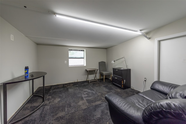 sitting room featuring dark carpet