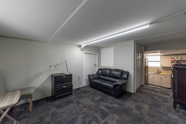 living area featuring sink and dark carpet