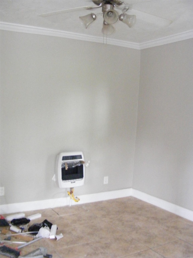 empty room with crown molding, ceiling fan, heating unit, and light tile patterned floors