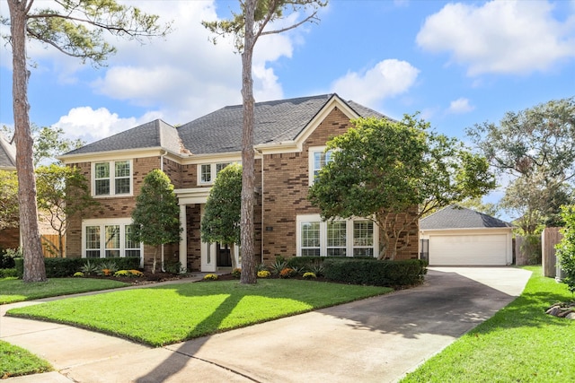 view of front of property featuring a front yard and a garage