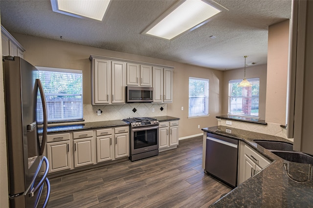 kitchen featuring dark wood-type flooring, backsplash, appliances with stainless steel finishes, and a wealth of natural light