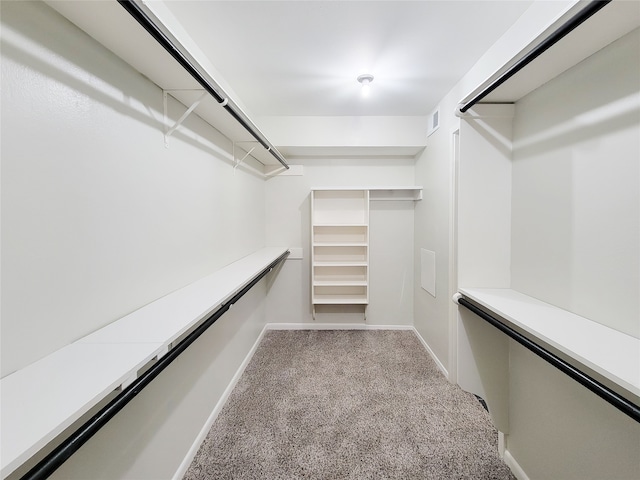 walk in closet with light colored carpet