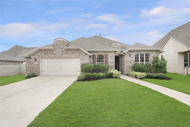 view of front of home featuring a front yard and a garage