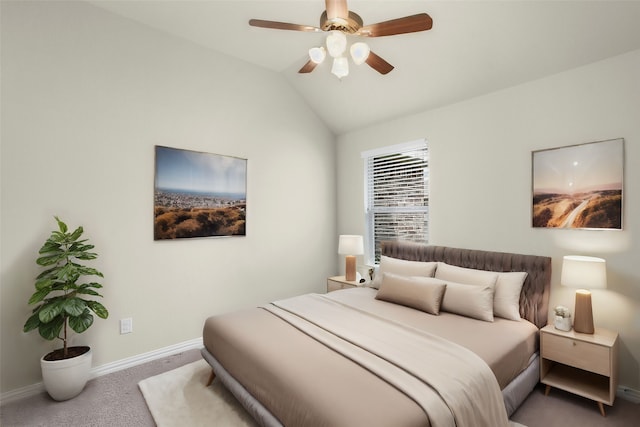 carpeted bedroom with ceiling fan and vaulted ceiling