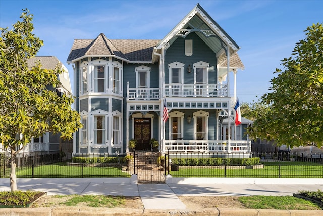 victorian-style house with a front yard, covered porch, and a balcony