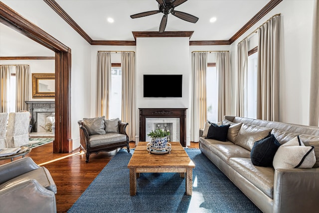 living room with dark wood-type flooring, ceiling fan, and ornamental molding