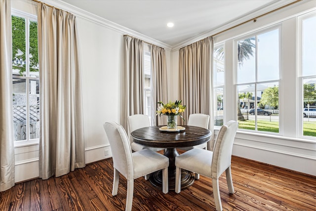 dining room featuring crown molding, a healthy amount of sunlight, and dark hardwood / wood-style floors