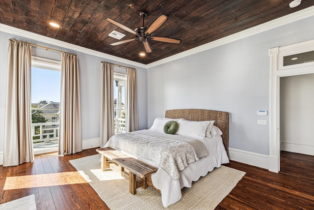 bedroom with ceiling fan, crown molding, wooden ceiling, and dark hardwood / wood-style floors