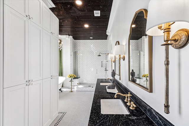 bathroom with vanity, wood ceiling, ornamental molding, and shower with separate bathtub