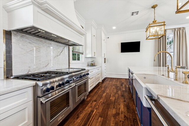 kitchen with custom exhaust hood, white cabinets, light stone countertops, dark hardwood / wood-style floors, and double oven range