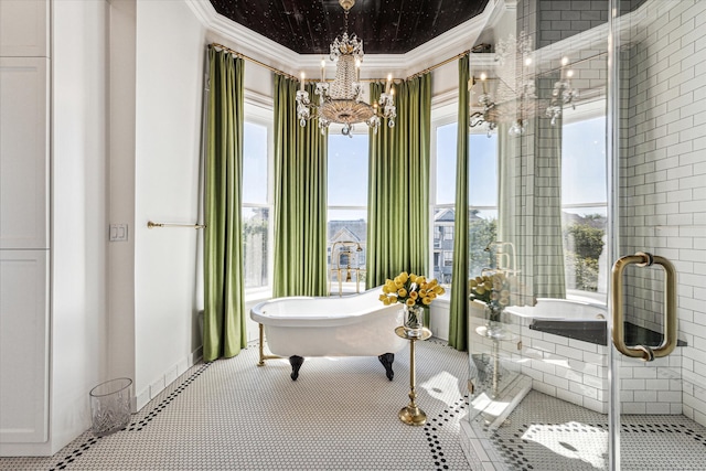 bathroom with a bathing tub, crown molding, and a wealth of natural light