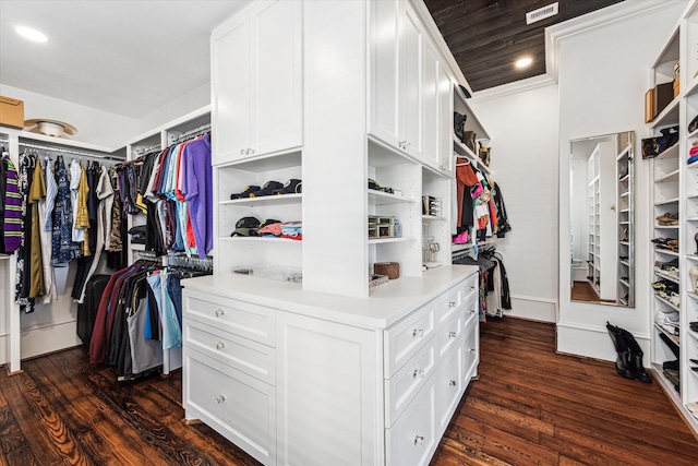 spacious closet featuring dark hardwood / wood-style flooring