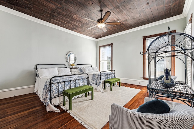 bedroom with crown molding, wood-type flooring, wood ceiling, and ceiling fan