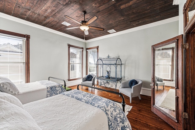 bedroom featuring dark wood-type flooring, crown molding, wooden ceiling, and ceiling fan