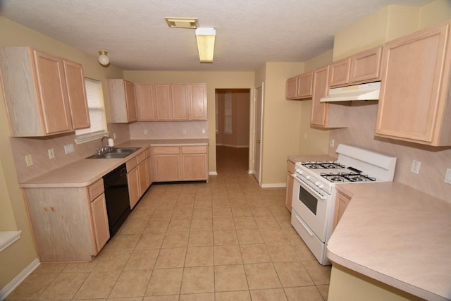 kitchen featuring light brown cabinets, white gas range, light tile patterned floors, dishwasher, and sink