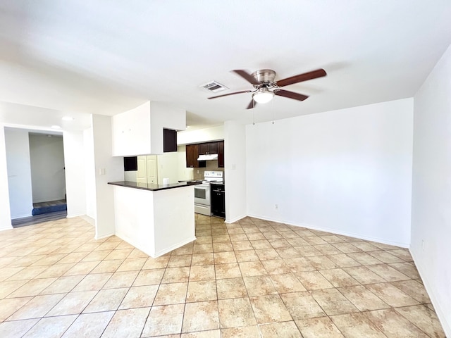 kitchen featuring white electric stove, kitchen peninsula, ceiling fan, and dark brown cabinetry