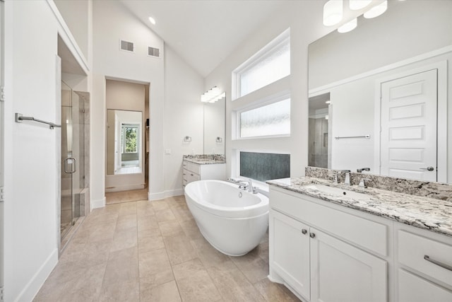 bathroom featuring vanity, shower with separate bathtub, and high vaulted ceiling