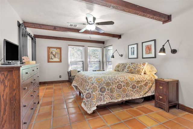 tiled bedroom featuring beamed ceiling, a textured ceiling, and ceiling fan