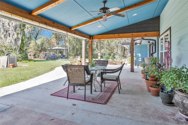 view of patio / terrace featuring a gazebo and ceiling fan