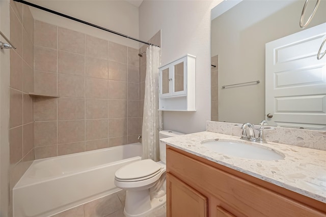 full bathroom with vanity, toilet, shower / bathtub combination with curtain, and tile patterned flooring